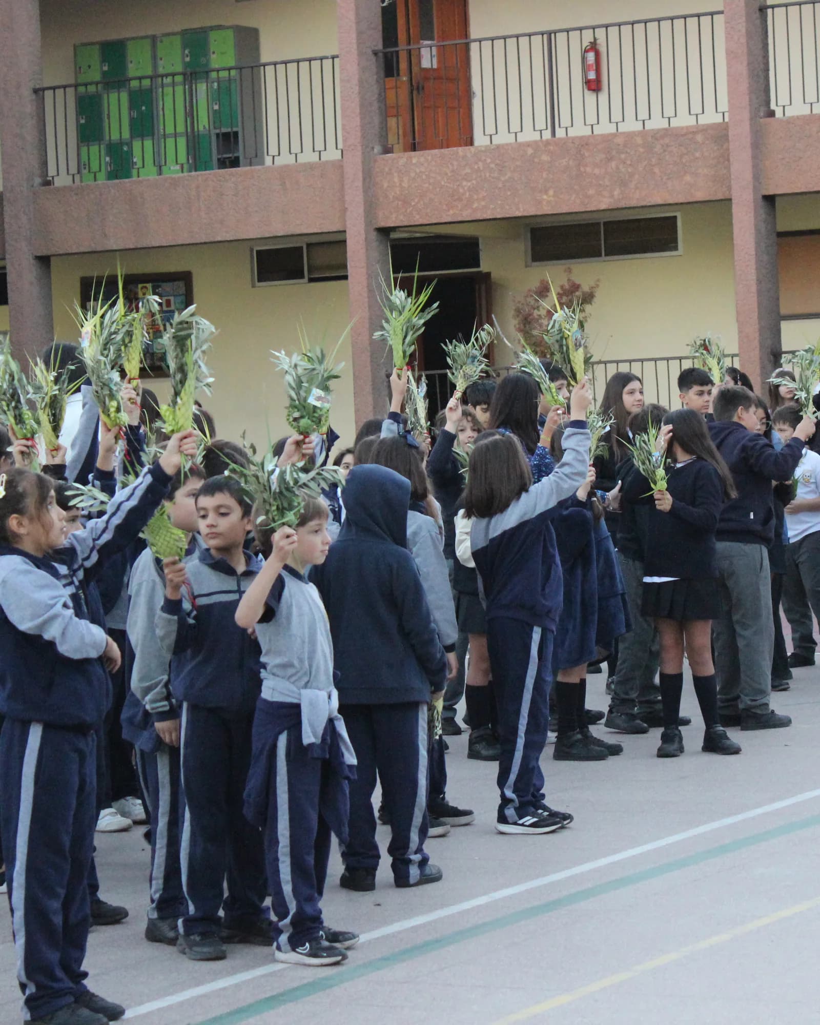 La comunidad celebra el Domingo de Ramos con ramas en alto.
